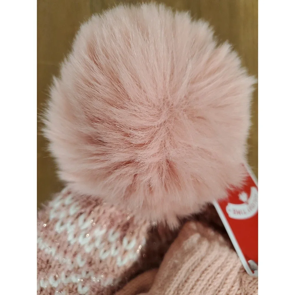 Tinsel Snowflake Hat & Gloves Set - Rose Pink Open Finger Texting Women's NEW